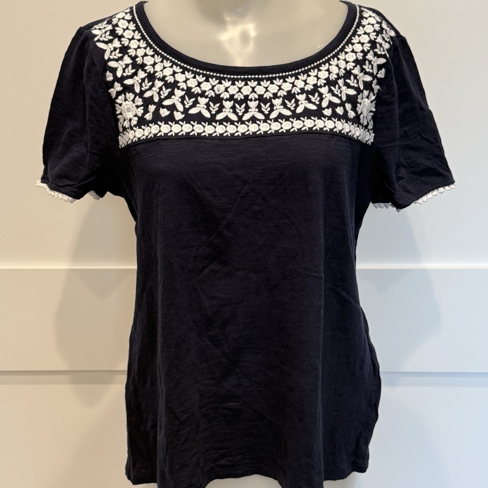 Talbot's Womens L Petitie Top Navy Embroidered Casual Boho‎ Hippie Minimalist